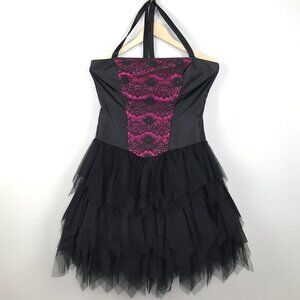 Josh And Jazz Black and Fuscia Pink Goth Halter & Lace Prom Dress | Size 11/12